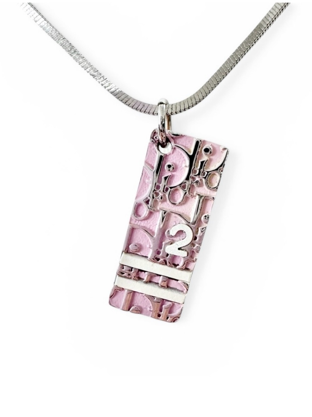 Authentic Dior Trotter Pink Engraved Pendant Necklace